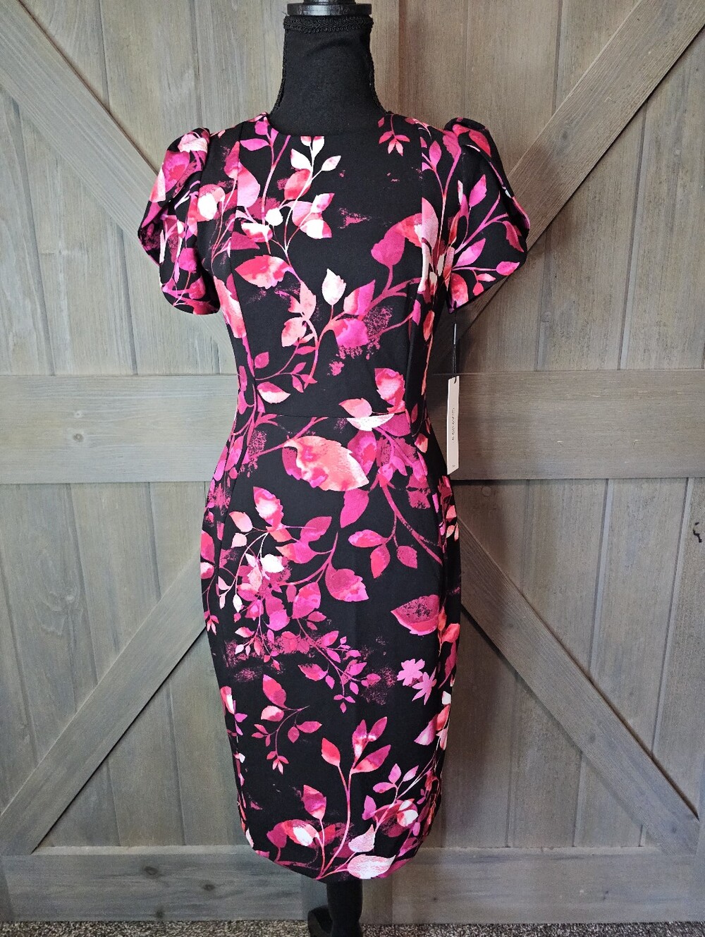 Nwt Calvin Kline Black Pink Floral Puff Sleeve Knee-Length Dress sz 2